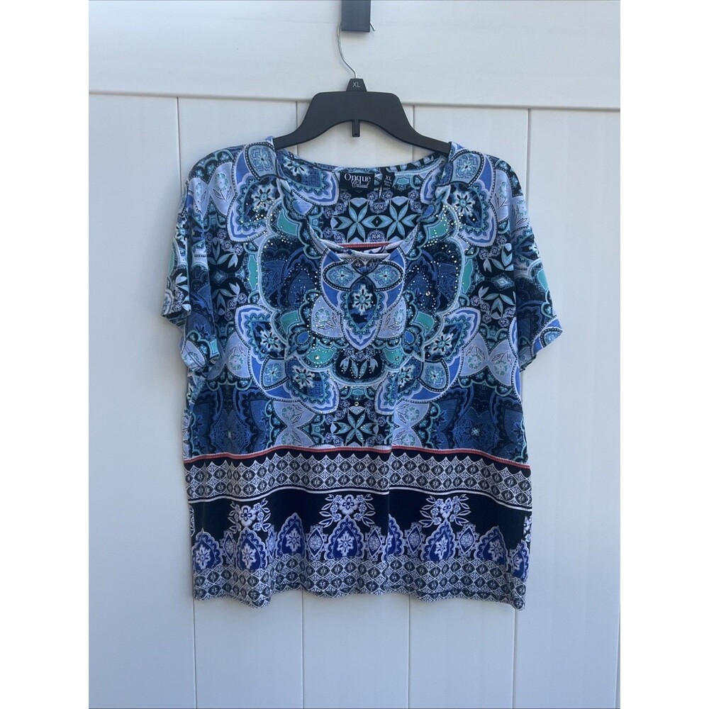 Onque casuals Womens Embellished Boho Short Sleeve T-Shirt Size XL